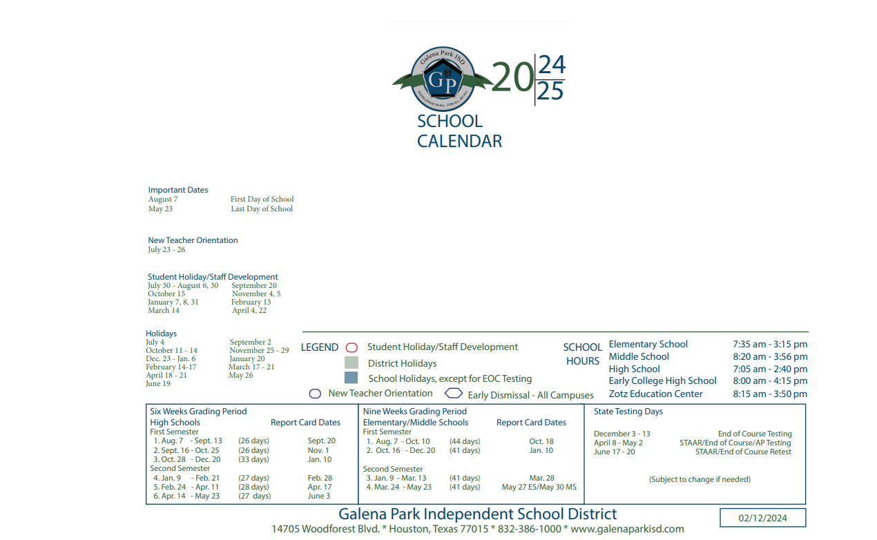 District School Academic Calendar Key for Galena Park Elementary