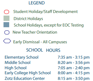 District School Academic Calendar Legend for Cimarron Elementary