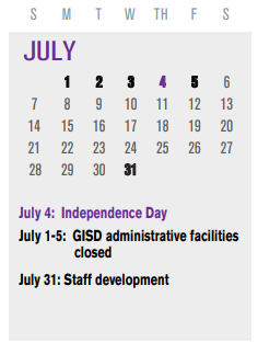 District School Academic Calendar for P I P for July 2024