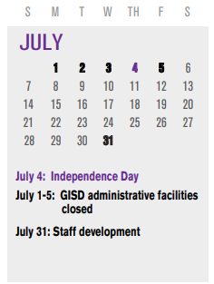 District School Academic Calendar for S Garland High School for July 2024