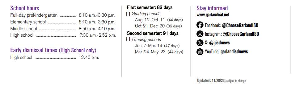 District School Academic Calendar Key for Shugart Elementary