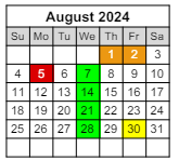 District School Academic Calendar for Sunset Vista for August 2024