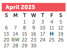 District School Academic Calendar for Milam Elementary for April 2025