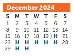 District School Academic Calendar for Sam Houston Elementary for December 2024