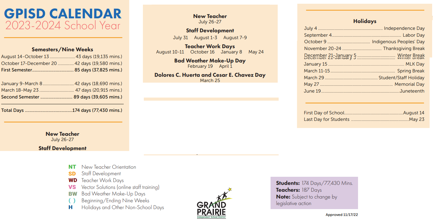 District School Academic Calendar Key for John Garner Elementary