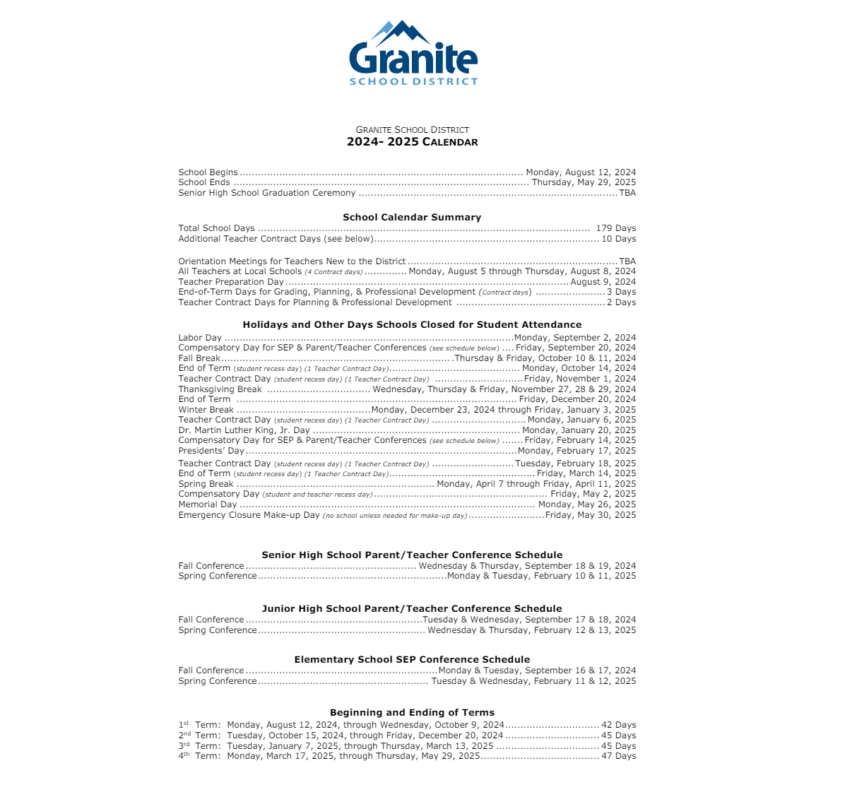 District School Academic Calendar Key for Bennion Jr High