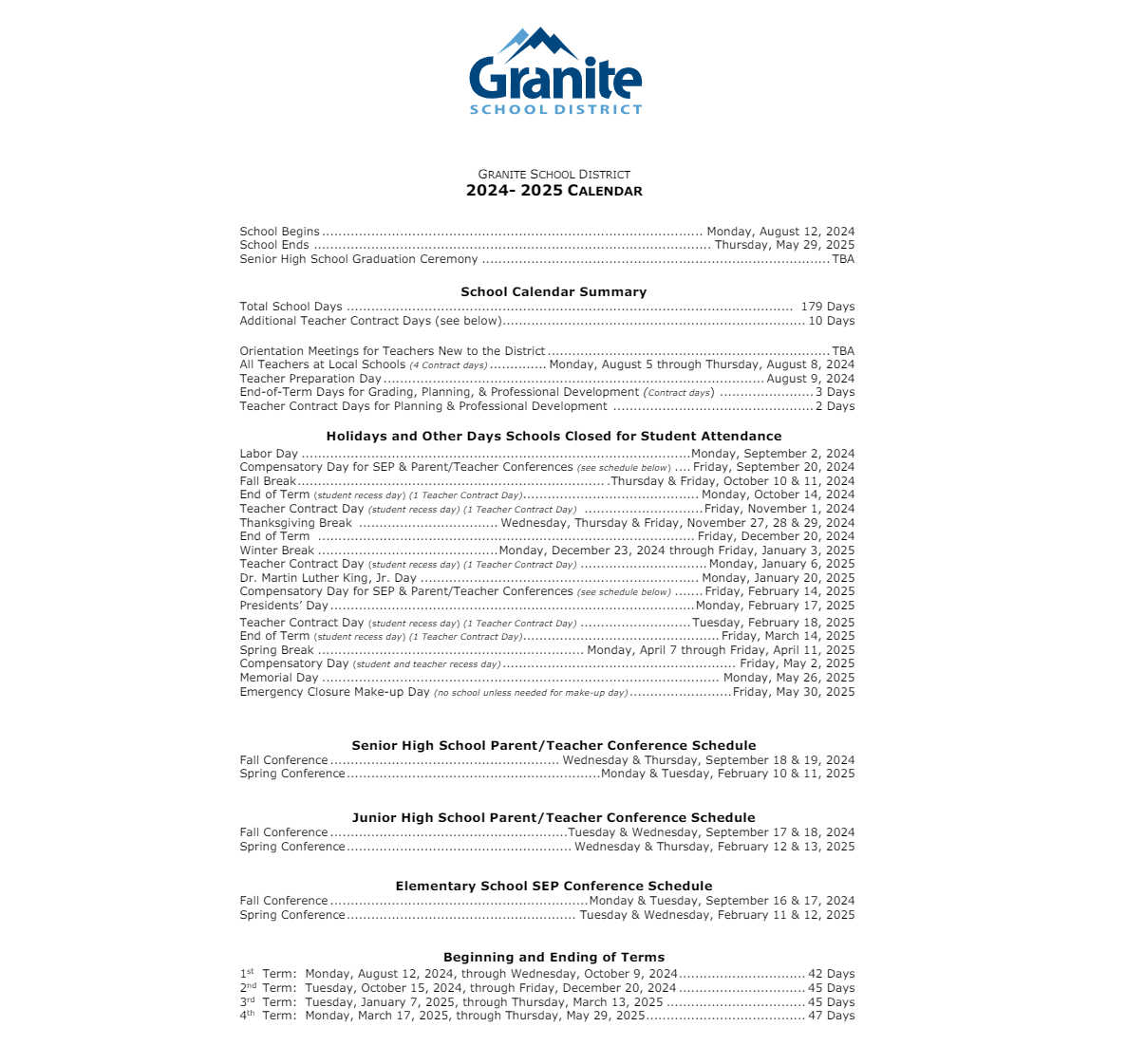 District School Academic Calendar Key for Wasatch Jr High