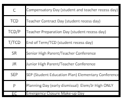 District School Academic Calendar Legend for Arcadia School