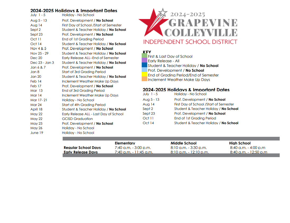 District School Academic Calendar Key for Cross Timbers Middle