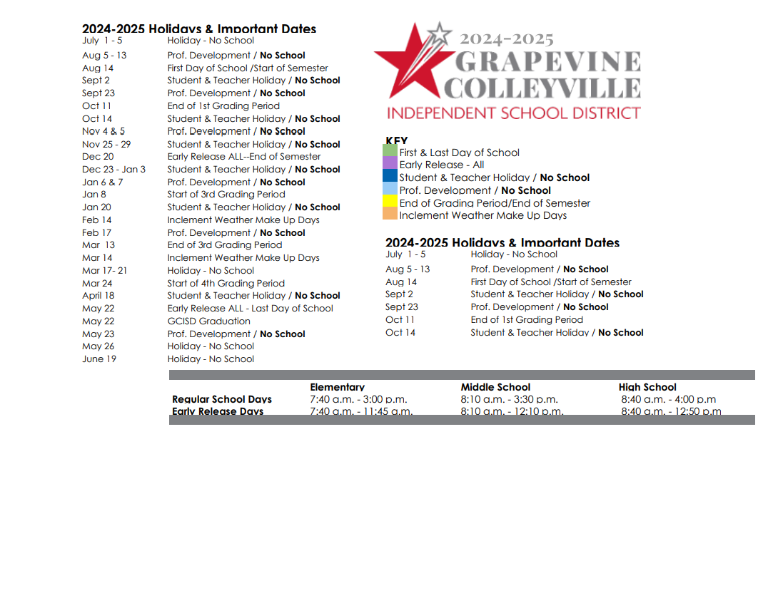 District School Academic Calendar Key for Bear Creek Elementary