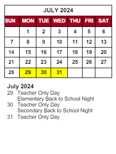 District School Academic Calendar for Spring Hill Elementary School for July 2024