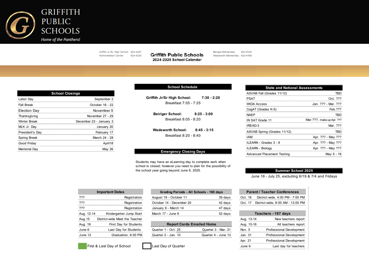 District School Academic Calendar Key for Griffith Middle School