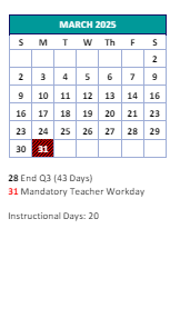 District School Academic Calendar for Shadybrook Elementary for March 2025