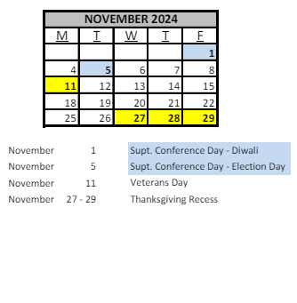 District School Academic Calendar for Sunquam Elementary School for November 2024