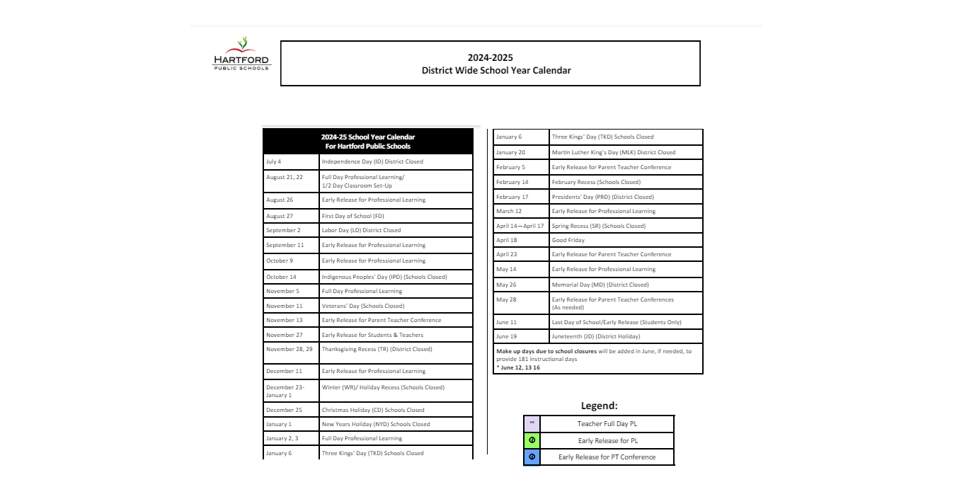 District School Academic Calendar Key for Hartford Transitional Learning Acade