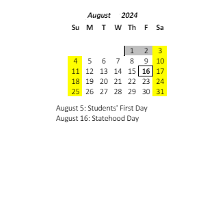 District School Academic Calendar for Waianae Elementary School for August 2024