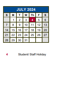 District School Academic Calendar for Academy At Hays for July 2024
