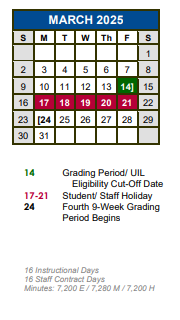 District School Academic Calendar for Hays Co Juvenile Justice Alt Ed Pr for March 2025