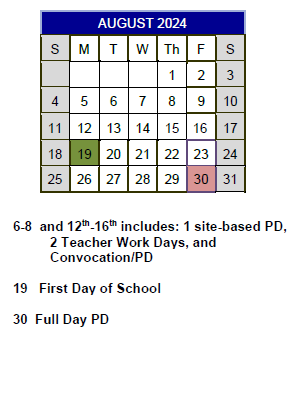 District School Academic Calendar for Grannemann ELEM. for August 2024