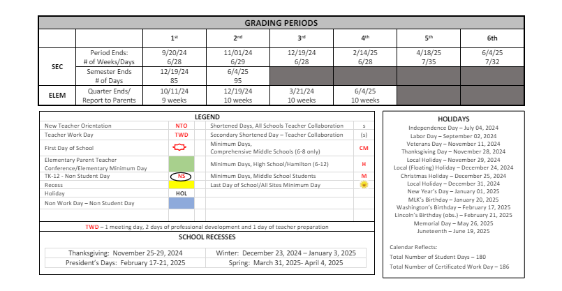 District School Academic Calendar Key for Family Learning Tree Center