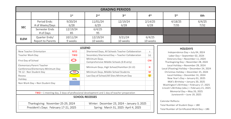 District School Academic Calendar Key for Harmony Elementary School