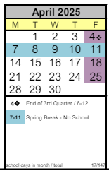 District School Academic Calendar for Arts & Academics Academy for April 2025