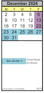 District School Academic Calendar for Arts & Academics Academy for December 2024
