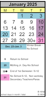 District School Academic Calendar for Arts & Academics Academy for January 2025