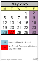 District School Academic Calendar for Arts & Academics Academy for May 2025