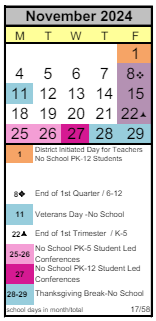 District School Academic Calendar for Arts & Academics Academy for November 2024