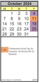 District School Academic Calendar for Arts & Academics Academy for October 2024