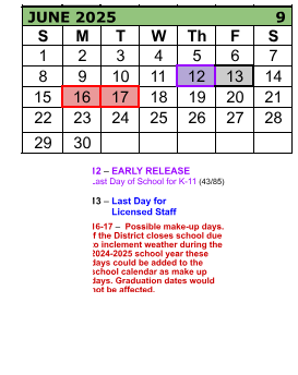 District School Academic Calendar for Imlay Elementary School for June 2025