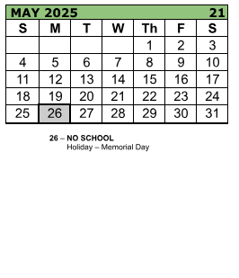 District School Academic Calendar for Imlay Elementary School for May 2025