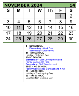 District School Academic Calendar for Imlay Elementary School for November 2024