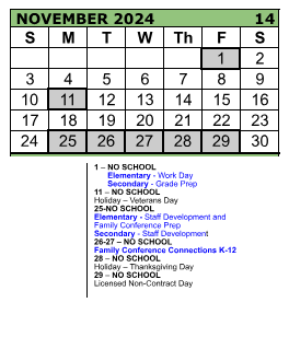 District School Academic Calendar for J W Poynter Middle School for November 2024