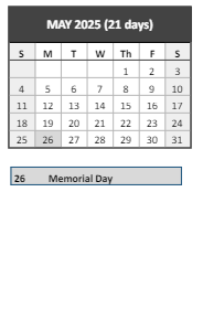 District School Academic Calendar for Wm J Dean Voc Tech High for May 2025