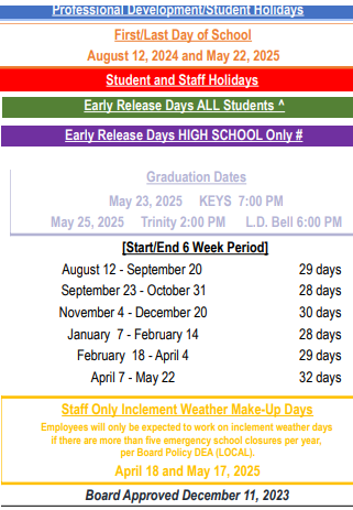 District School Academic Calendar Legend for Bedford Heights Elementary