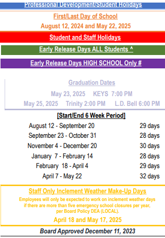 District School Academic Calendar Legend for Euless J H