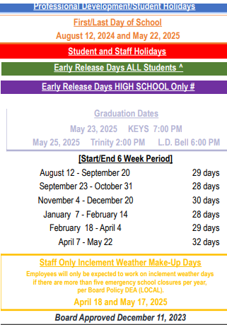 District School Academic Calendar Legend for Hurst J H