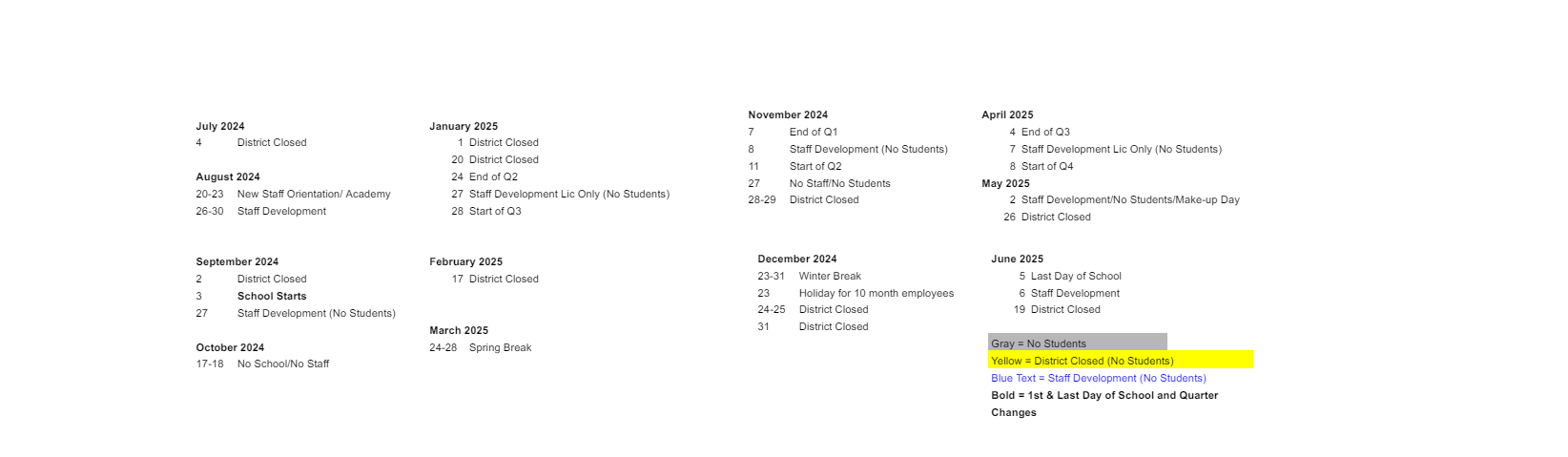 District School Academic Calendar Key for Epsilon - Ss