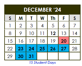 District School Academic Calendar for Career Academic Placement Program for December 2024