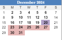 District School Academic Calendar for Oak Grove Elementaryentary School for December 2024