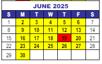 District School Academic Calendar for Eiber Elementary School for June 2025