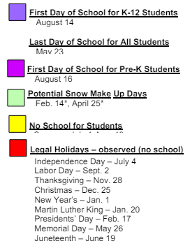 District School Academic Calendar Legend for Fremont Elementary School