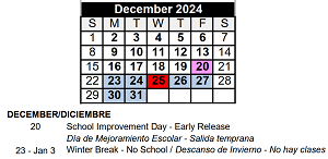 District School Academic Calendar for Sator Sanchez Elem School for December 2024
