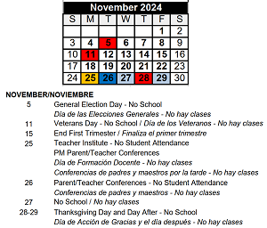 District School Academic Calendar for Sator Sanchez Elem School for November 2024