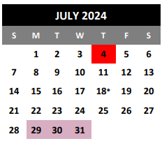 District School Academic Calendar for Coronado Village Elementary for July 2024