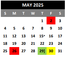 District School Academic Calendar for Bexar Co J J A E P for May 2025