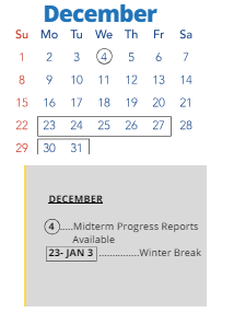 District School Academic Calendar for Graceland Elementary for December 2024