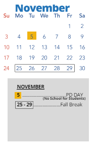 District School Academic Calendar for East Elementary for November 2024